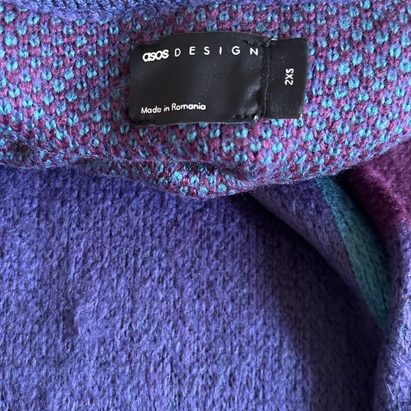 ASOS Design fluffy knit checkerboard roll neck sweater purple/teal 2XS - Picture 2 of 3